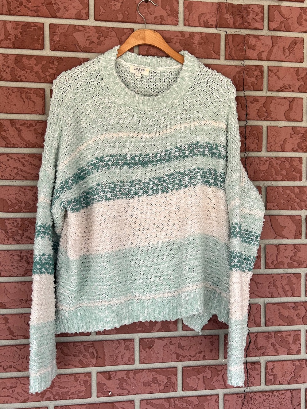 Umgee Mint and Cream Striped Crewneck Sweater